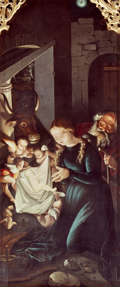 Natividade de Jesus, painel de Histórias da Virgem, de Hans Baldung (1484 ou 1485-1545), Altarpe da catedral de Friburgo de Hans Baldung Grien