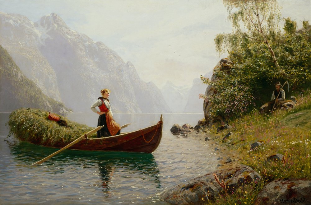 Mulher e homem na paisagem do fiorde de Hans Dahl
