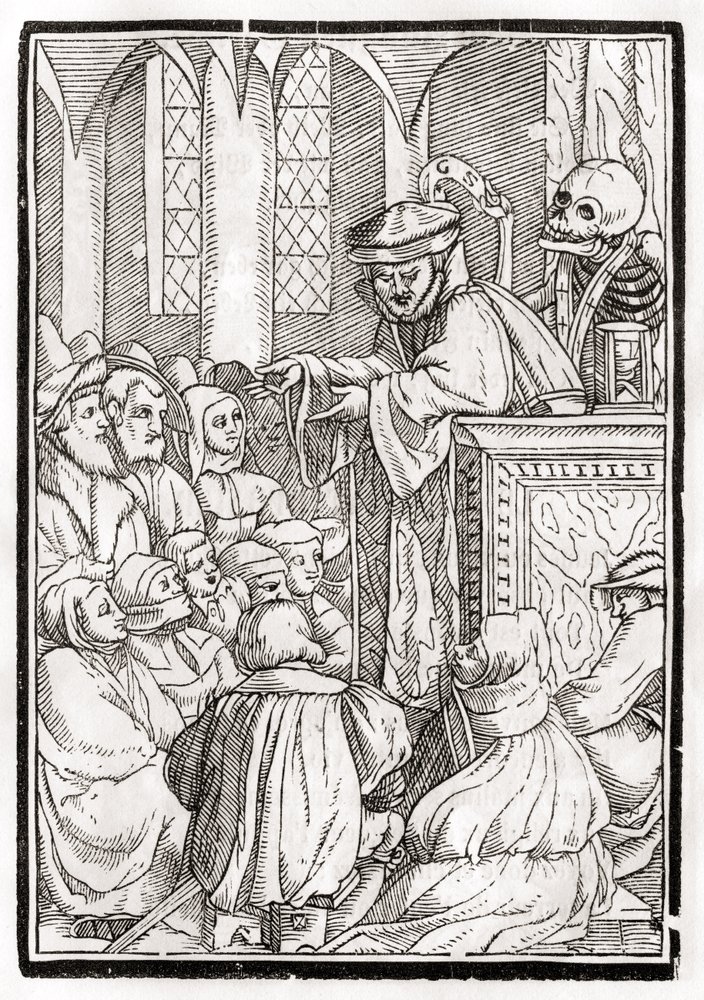 A morte chega para o Pregador, gravada por Georg Scharffenberg, de &39;Der Todten Tanz&39;, publicada em Basiléia, 1843 de Hans Holbein der Jüngere