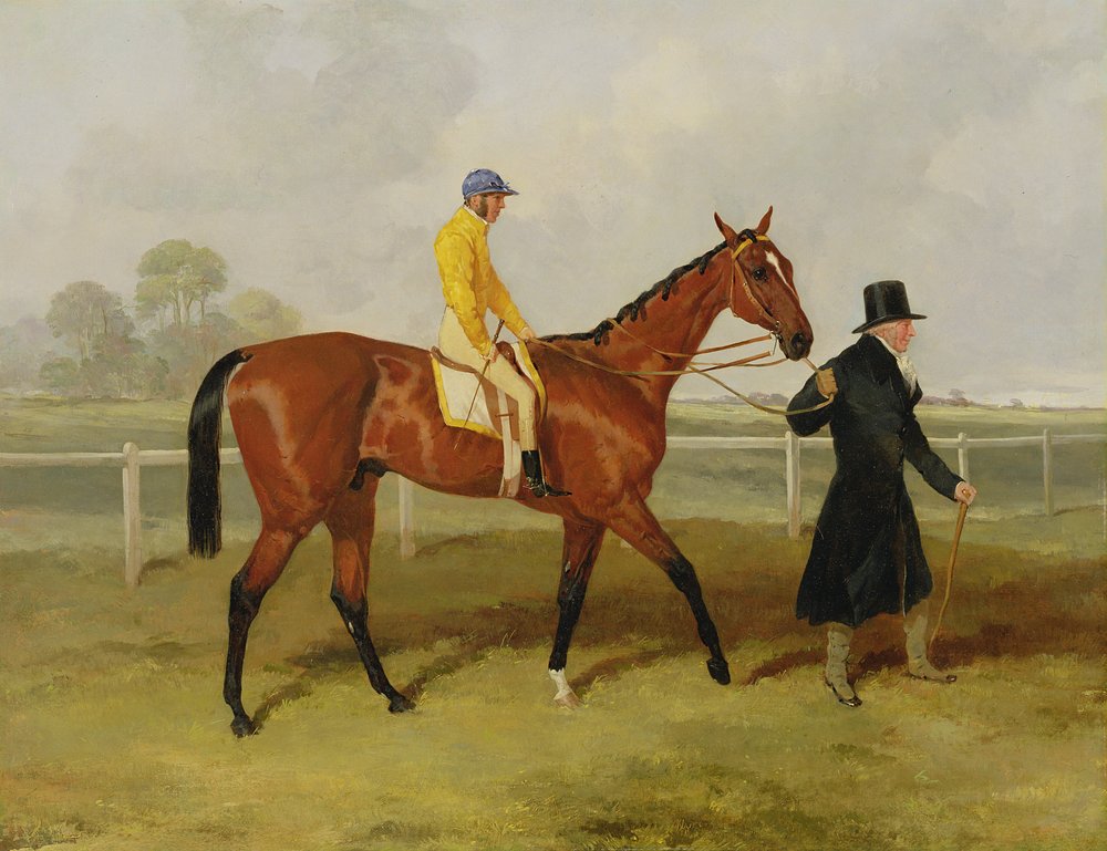 Sir Tatton Sykes (1772-1863) apresenta o cavalo «Sir Tatton Sykes», com William Scott Up, 1846 de Harry Hall