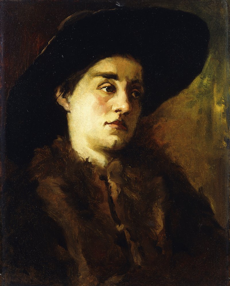 Retrato de uma dama com casaco de pele e chapéu preto de Heinrich Wilhelm Truebner