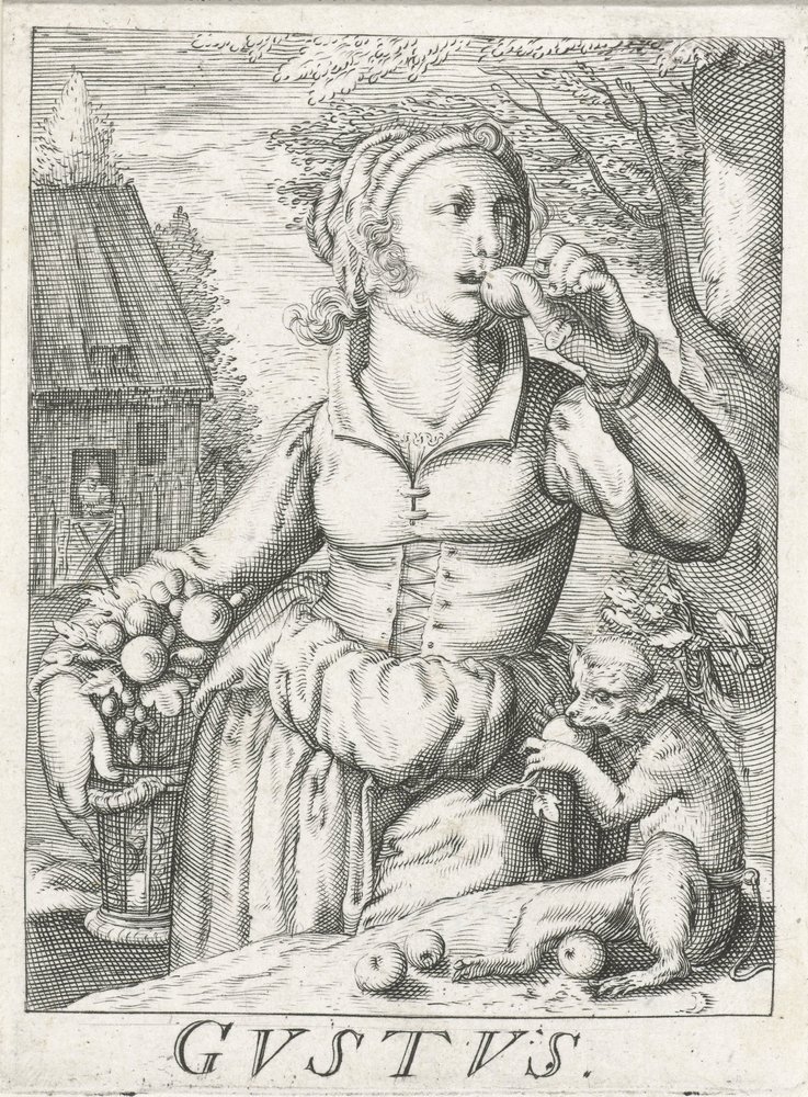 Sabor (Gustus), uma mulher com fruta
Gustus (título sobre o objecto)
Os cinco sentidos (título da série) de Hendrick Hondius (rejected attribution)