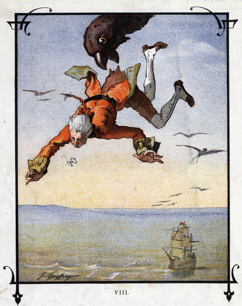 Lemuel Gulliver é levado por uma águia. Ilustração para "Gulliver