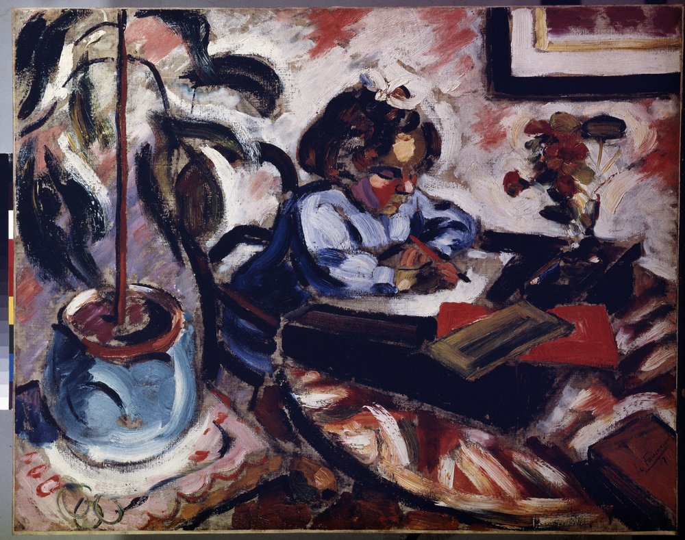 "A pequena menina da escola" (La petite ecoliere) Pequena menina a fazer o seu trabalho escolar. Pintura de Henri Victor Gabriel Le Fauconnier (1881-1946) 1907 Dim. 73x92 cm Museu Hermitage, São Petersburgo (São Petersburgo) de Henri Victor Gabriel Le Fauconnier