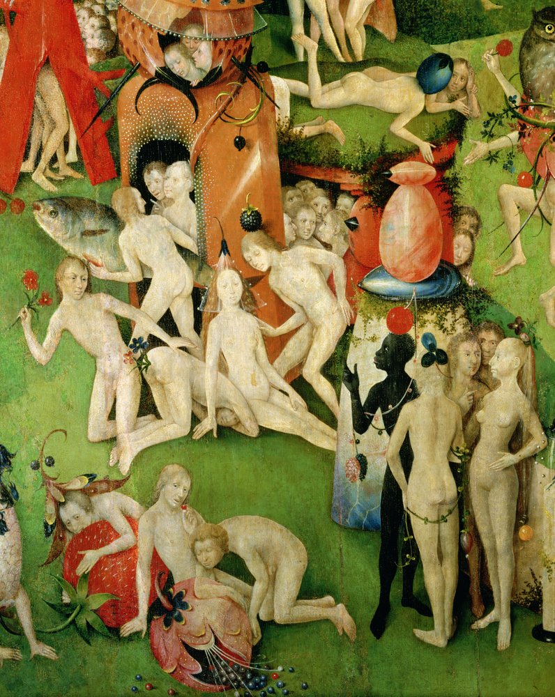 O Jardim das Delícias Terrenas: alegoria do luxo, painel central de um tríptico, c. 1500 (pormenor) de Hieronymus Bosch