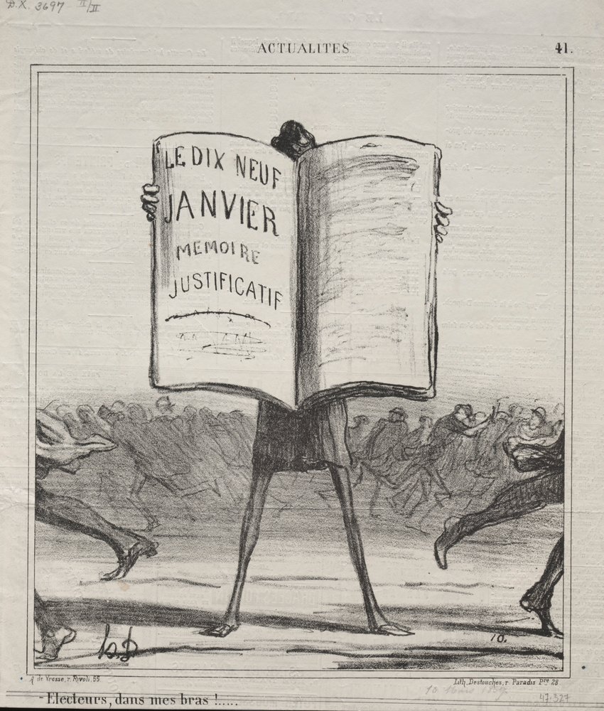 Actualidades No. 41: Eleitores, em meus braços! ..., 1869. de Honoré Daumier