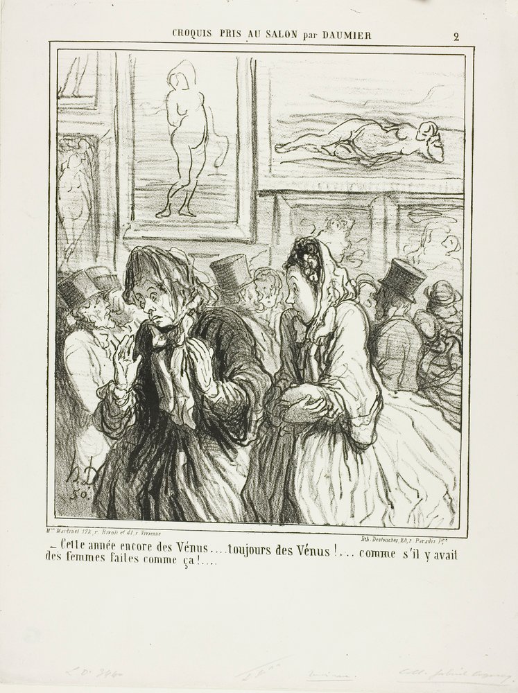 "- Ainda mais Vénus este ano... sempre Vénus!... como se houvesse mulheres assim!", chapa 2 de Croquis Pris Au Salon par Daumier de Honoré Victorin Daumier