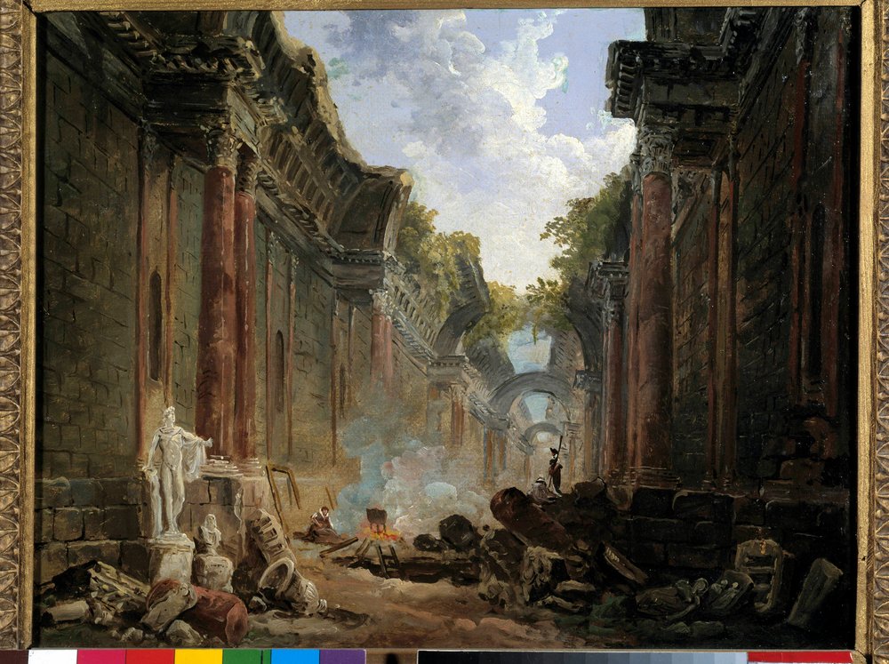 Vista imaginária da Grande Galerie du Louvre em ruínas Pintura de