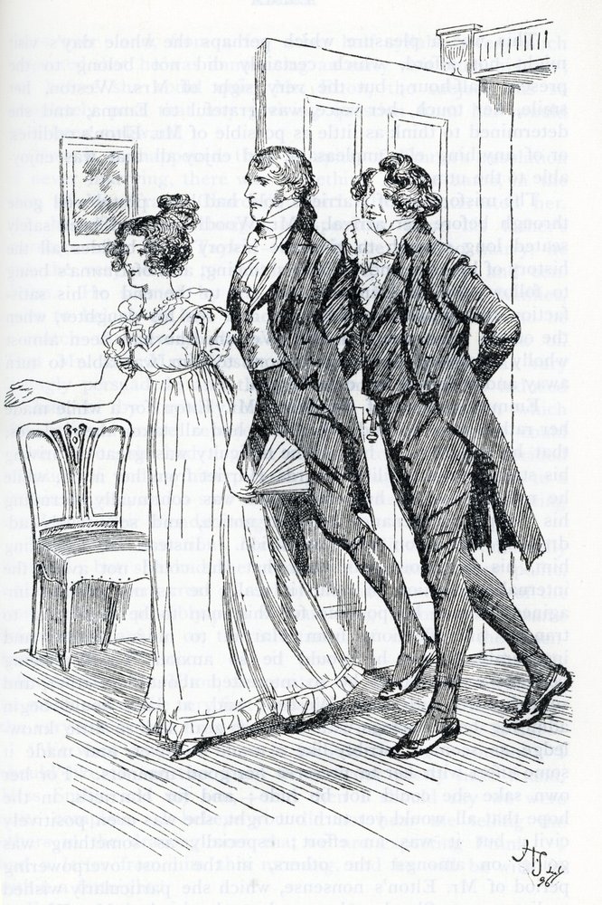 "Emma convidando o Sr. Elton a admirar o retrato de Harriett" de Hugh Thomson