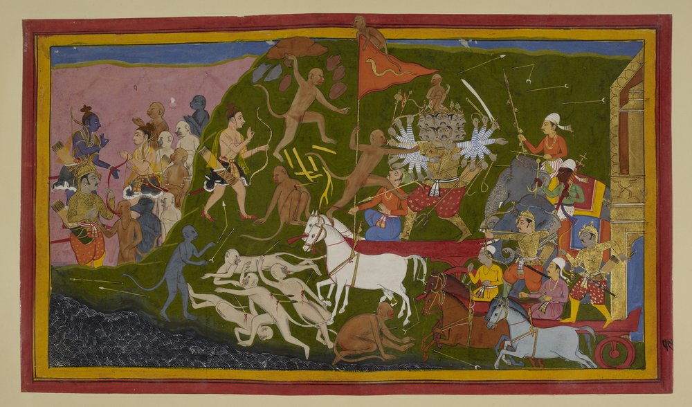 Rāvaṇa fere os macacos; Hanumān e Lakṣmaṇa atacam, desafiando-o de Indian School