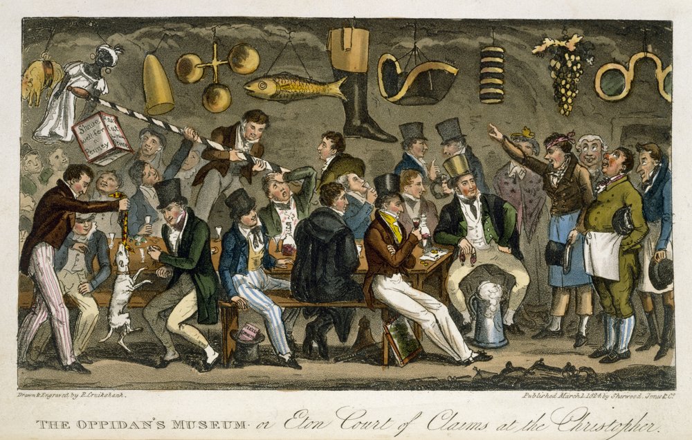 O Museu de Oppidan, ou Eton Court of Claims no Christopher, de "The English Spy", de Charles Molloy Westmacott (1788-1868) publicou Londres, 1825 (cor litho) de Isaac Robert Cruikshank