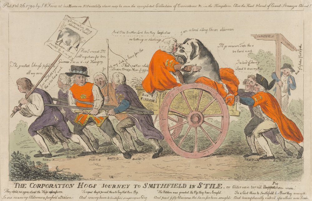 A viagem em grande estilo dos porcos da corporação para Smithfield, ou vereadores transformados em exibidores de porcos de Isaac Cruikshank