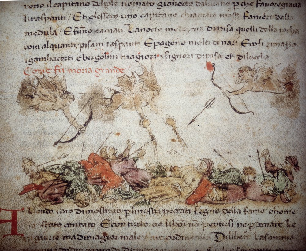 Representação alegórica da Peste Negra na Europa em 1347-48, de "Croniche del Sercambi", c.1400 (pena e tinta sobre velino) de Italian School
