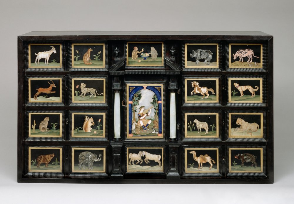 Gabinete, c.1620 (painéis de madeira de pêra, ébano, alabastro e pedra) de Italian School