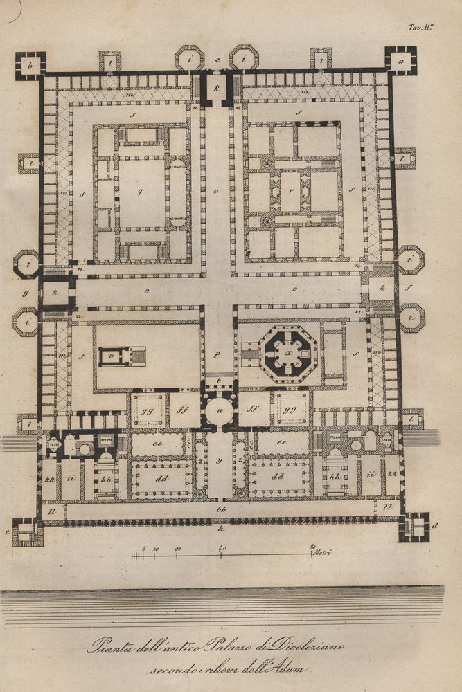Croácia - Split - Palácio Diocleciano Reconstruído por Robert Adam (Palácio do Imperador Romano Diocleciano (Gaius Aurelius Valerius Diocletianus, 245-316). gravura de "Hábitos e costumes de todos os povos do universo". Ou História do Governo de Italian School