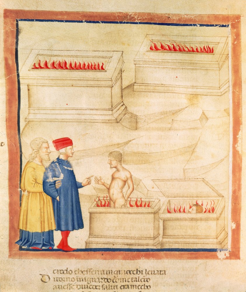 Dante e Virgílio (70-19 a.C.) descobrem o Conde Ugolino, de "A Divina Comédia" de Dante Alighieri (1265-1321) (velino) de Italian School