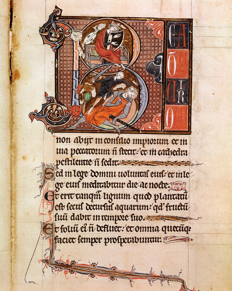 Lettrine B decorou a representação do Rei David tocando pslaterion e que decola Goliath Page do manuscrito "Psalterium Cum Calendario" Século XIII Pádua, biblioteca do seminário de Italian School