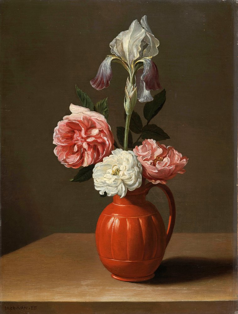 "Uma íris e três rosas num vaso de barro" Pintura de Jacob Foppens van Es (ca. 1596-1666), - Óleo sobre madeira, Dim 30x29 cm Fondation Custodia de Jacob  Foppens van Es