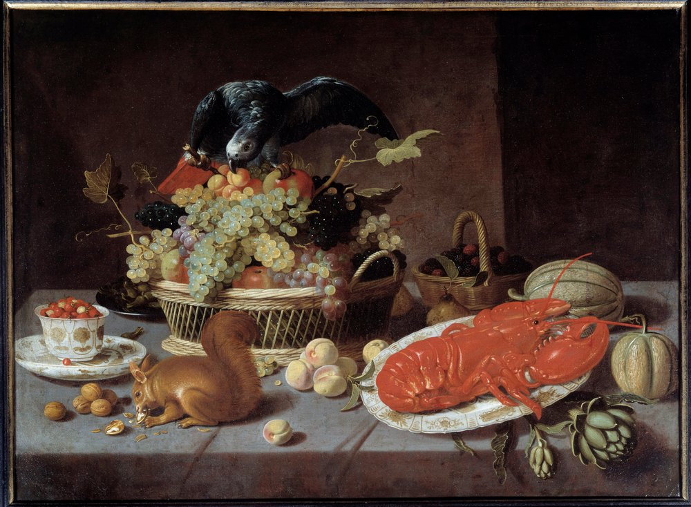 Natureza morta com o esquilo. Pintura de Jacob Fopsen Van Es (v.1596-1666) Ec. Flam. de Jacob  Foppens van Es