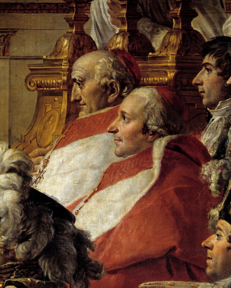 A coroação de Napoleão. Pormenor representando os cardeais e Jean-Baptiste Jules Bernadotte (1763-1844) durante a consagração do imperador Napoleão I Bonaparte e a coroação da imperatriz Josefina em Notre-Dame de Paris, a 2 de dezembro de Jacques Louis David