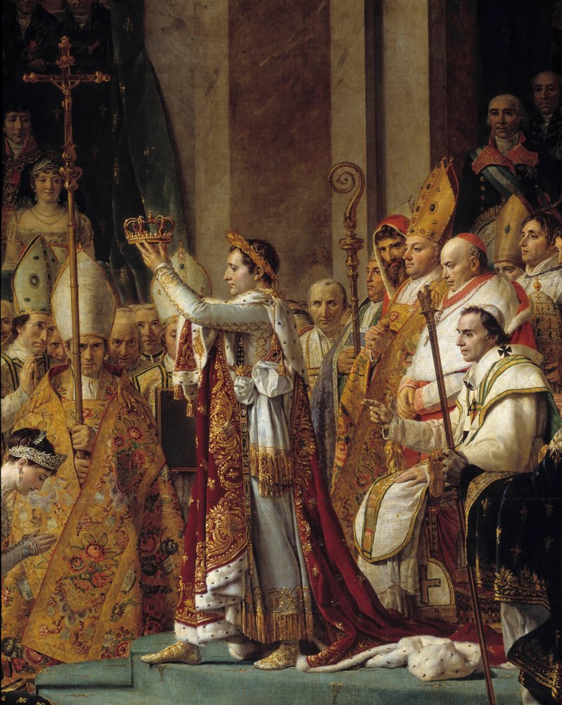 O Rito de Napoleão. Detalhe de Napoleão usando a coroa durante o Sacro do Imperador Napoleão I Bonaparte e coroação da Imperatriz Josefina em Notre-Dame de Paris em 2 de dezembro de Jacques Louis David