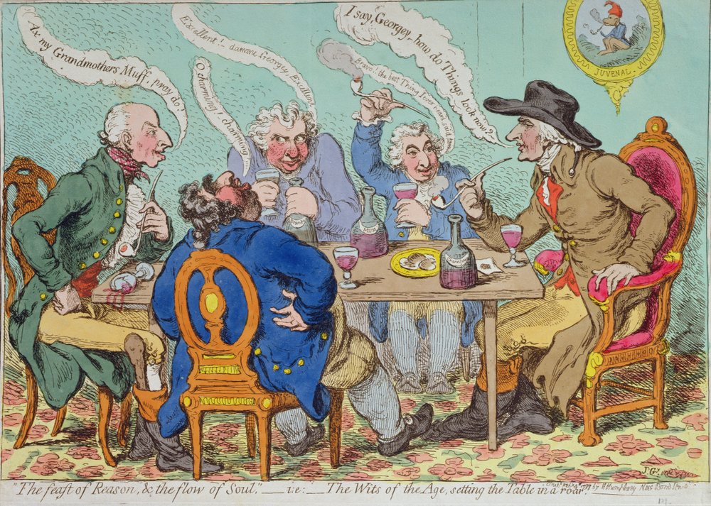 A Festa da Razão, e o Fluxo da Alma - ie O Raciocínio da Era, definindo a Mesa em um Rugido, publicado por Hannah Humphrey em 1797 (gravura à mão colorida) de James Gillray