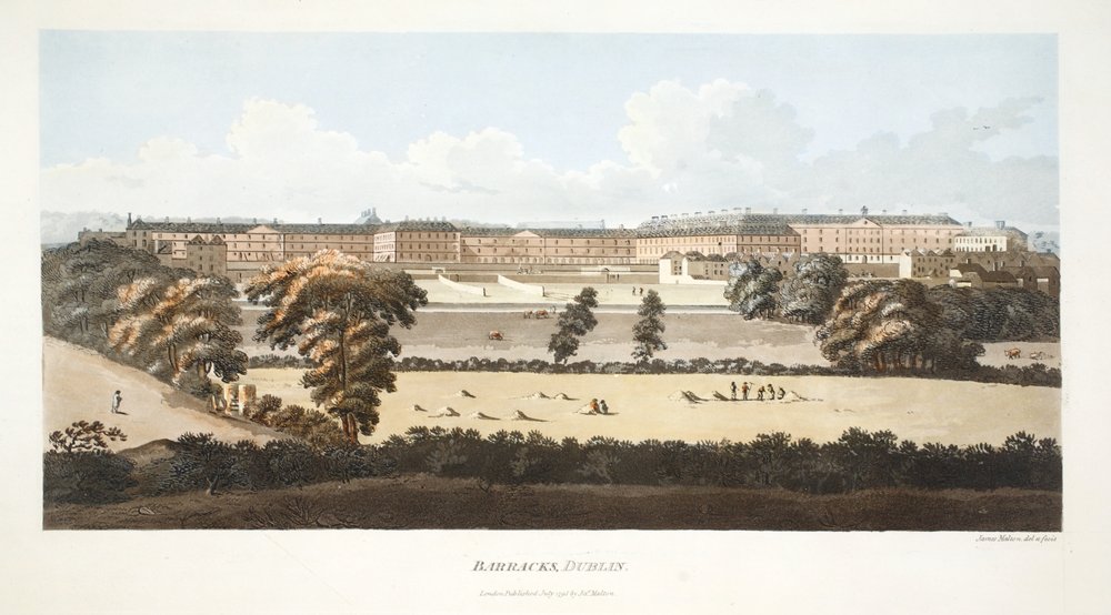 Quartel, Dublin (gravura colorida à mão) de James Malton