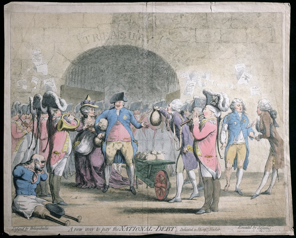 Uma nova forma de pagar a dívida nacional, publicada por W. Holland em 1786 de James Gillray