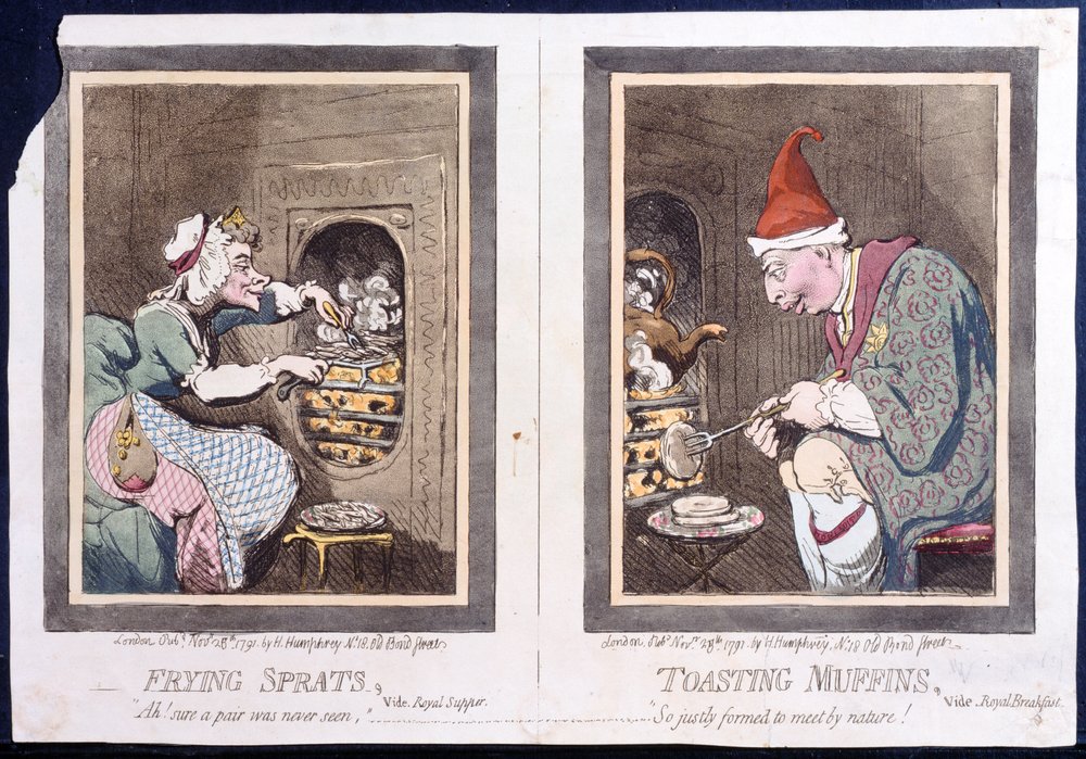 Fritura de Espadilha, ou Real Ceia, e Toasting Muffins, ou Royal Breakfast, publicado por Hannah Humphrey em 1791 (gravura à mão colorida) de James Gillray