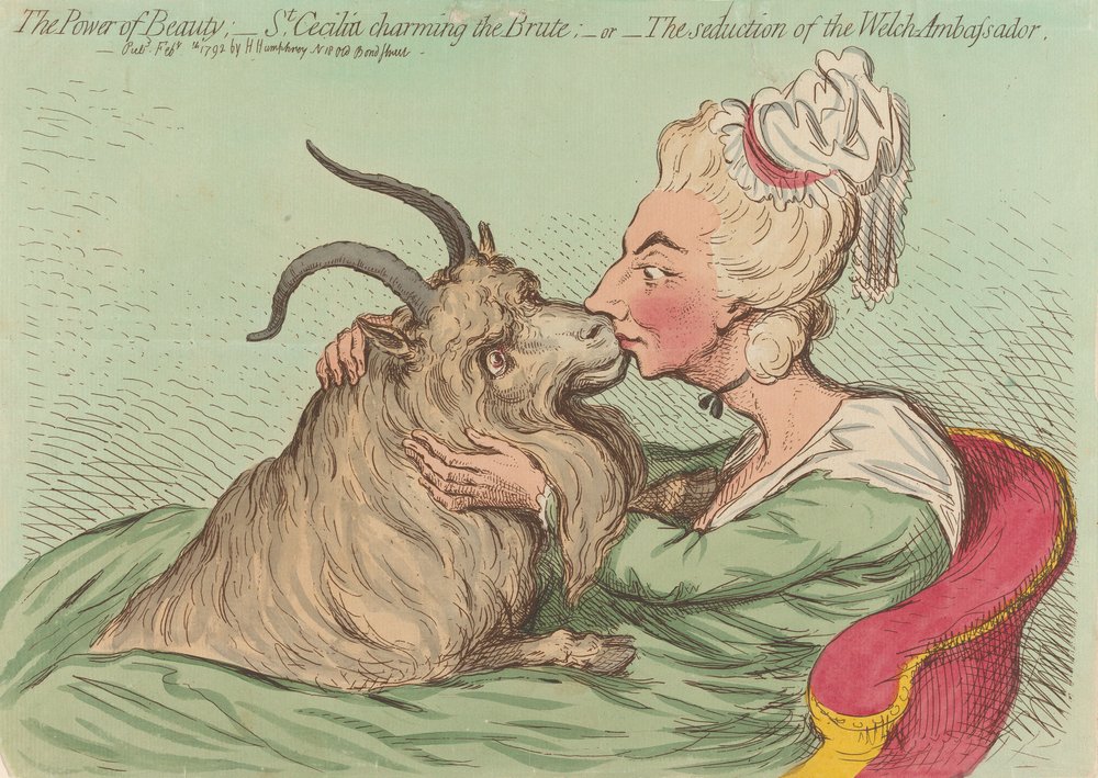 O poder da beleza; - Santa Cecília encantando a besta; - ou - A sedução do embaixador galês (de: Caricature, vol. 2) de James Gillray