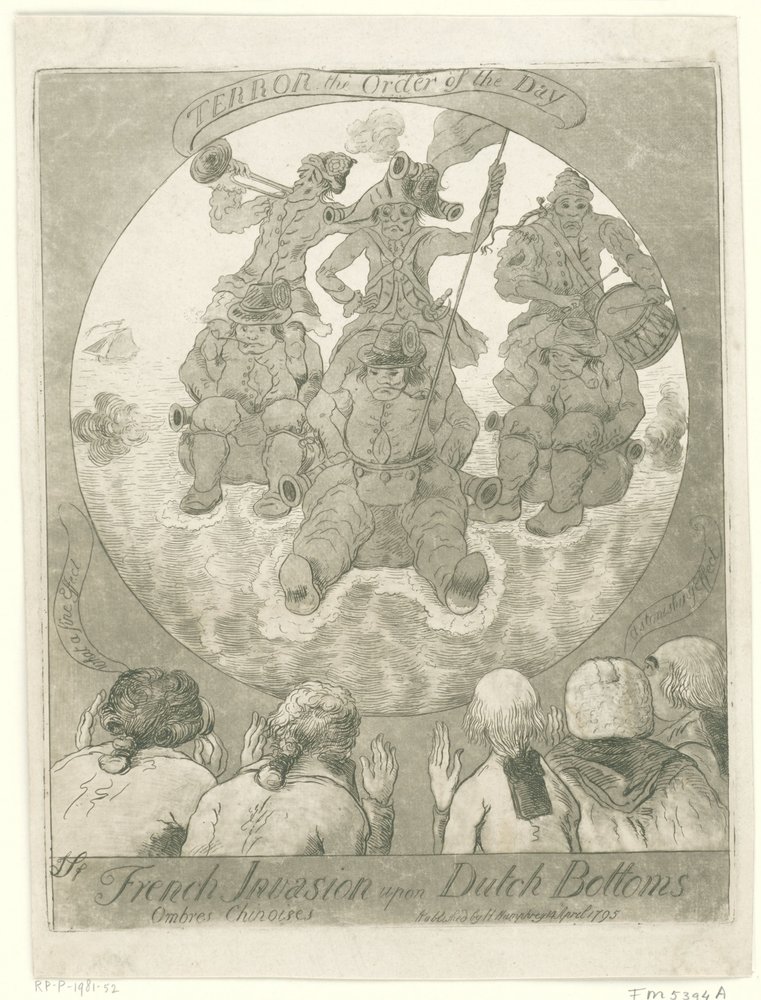 Spotprent op de Franse invasie, 1795 Invasão Francesa sobre Fundos Holandeses. Ombres Chinoises / Terror the Order of the Day (título no objeto) de James Sayers