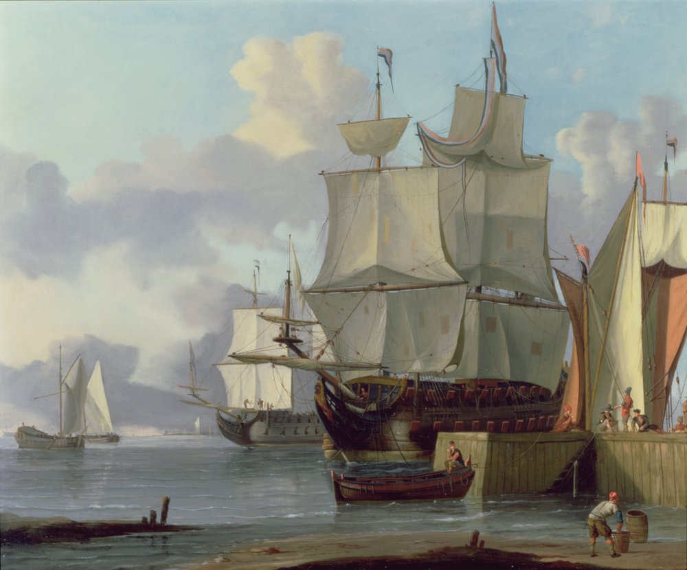 Navios de guerra neerlandeses amarrados a um cais de Jan Claesz Rietschoof