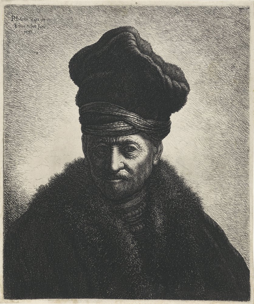 Busto de um homem com chapéu de pele Tronies após Rembrandt (título da série) de Jan Gillisz. van Vliet