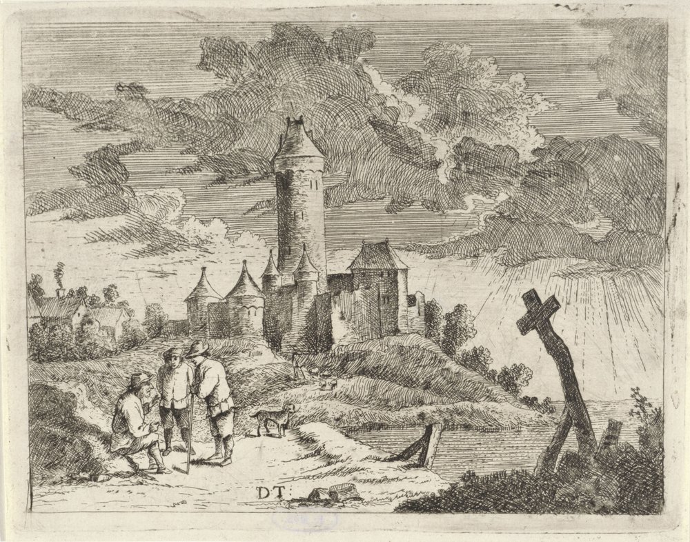 Paisagem com castelo e três homens de Jan Lauwryn Krafft (I) (possibly)