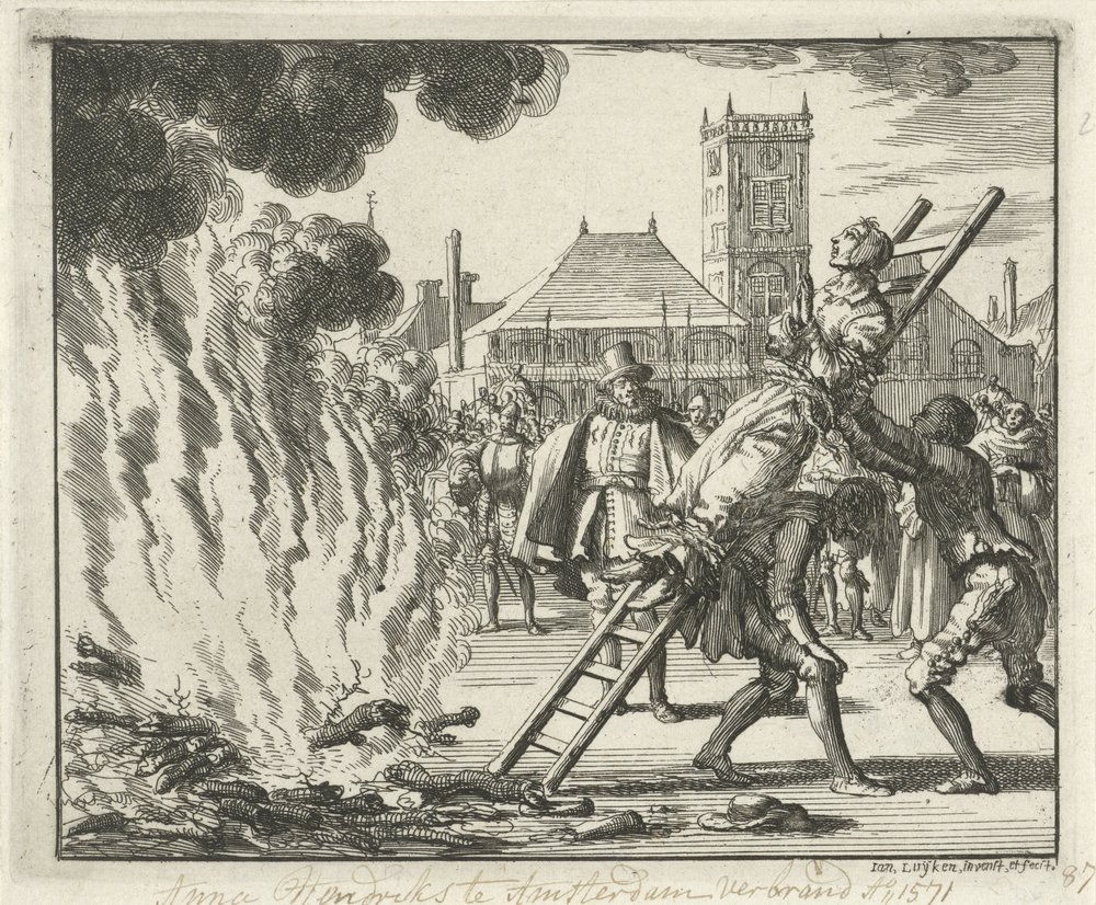 Anneken Hendriks, amarrada em uma escada, queimou em Amsterdã, 1571, 1685 de Jan Luyken
