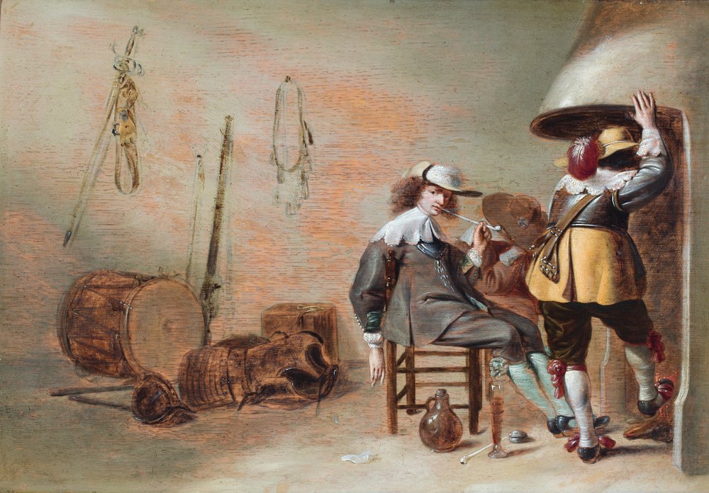 O interior de uma sala de guarda com cavaleiros junto a uma fogueira (óleo sobre painel) de Jan Olis