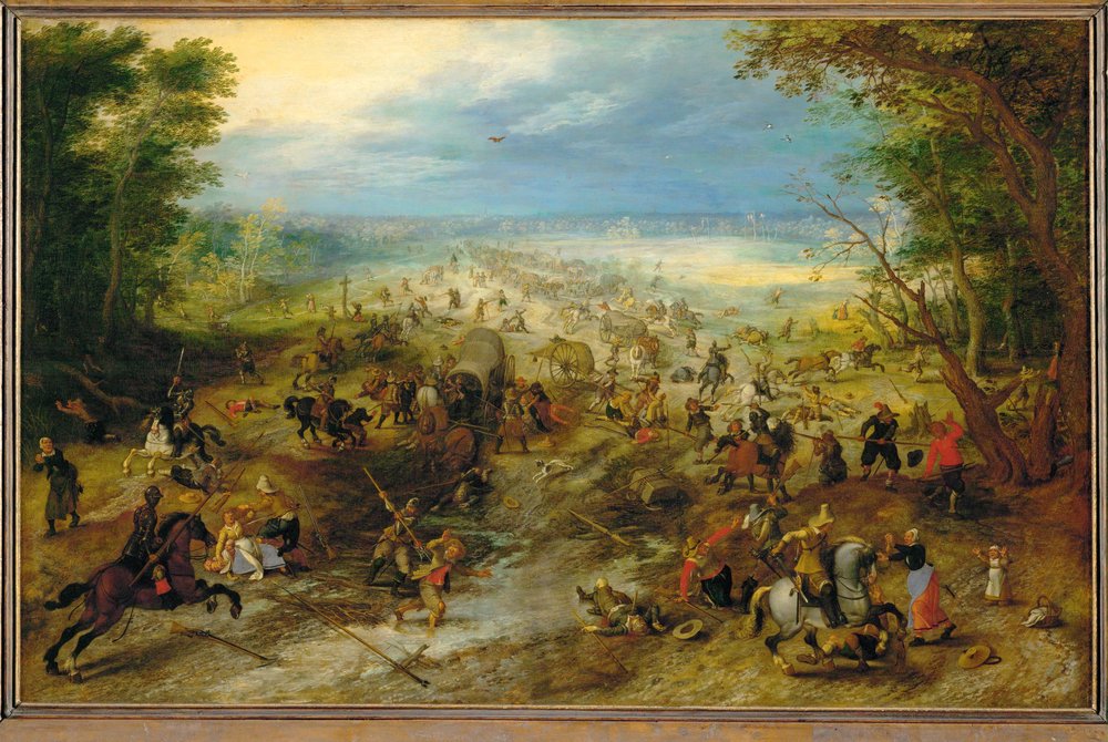Bandidos a atacar um comboio de carroças puxadas por cavalos (óleo sobre madeira de carvalho) de Jan the Elder Brueghel