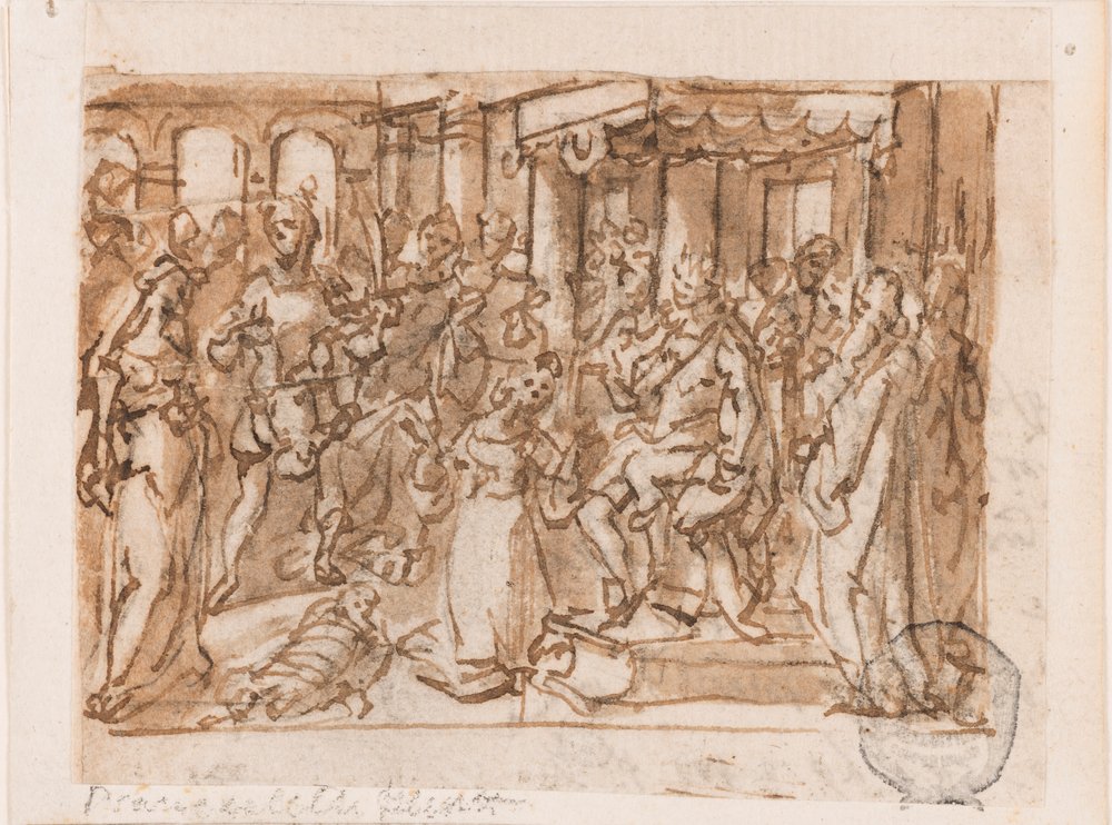 O Julgamento de Salomão, projeto preliminar para "Spiritus Sapientiae" (O Espírito da Sabedoria), placa 1 na série de impressão "Sete Dons do Espírito Santo" de Jan van der Straet, called Stradanus