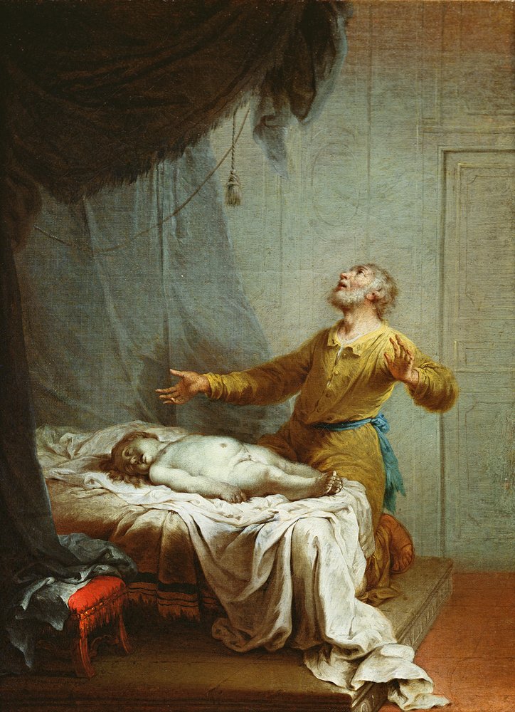 Elias, de joelhos, invocando o Senhor para ressuscitar o filho da viúva sunamita de Januarius Zick