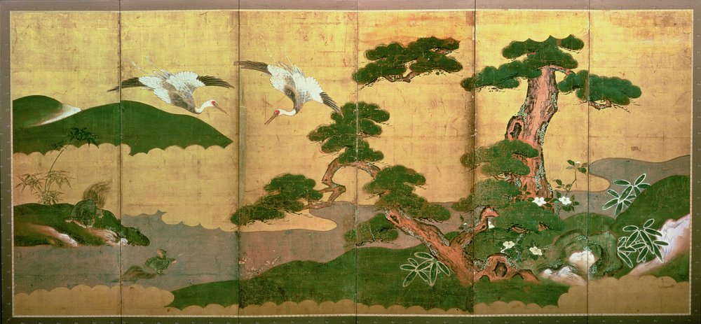 Dois guindastes mergulhando atrás de pinho e rockwood, período Edo de Japanese School
