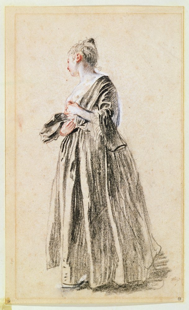Mulher em pé (vermelho, preto e branco giz sobre papel) de Jean-Antoine Watteau