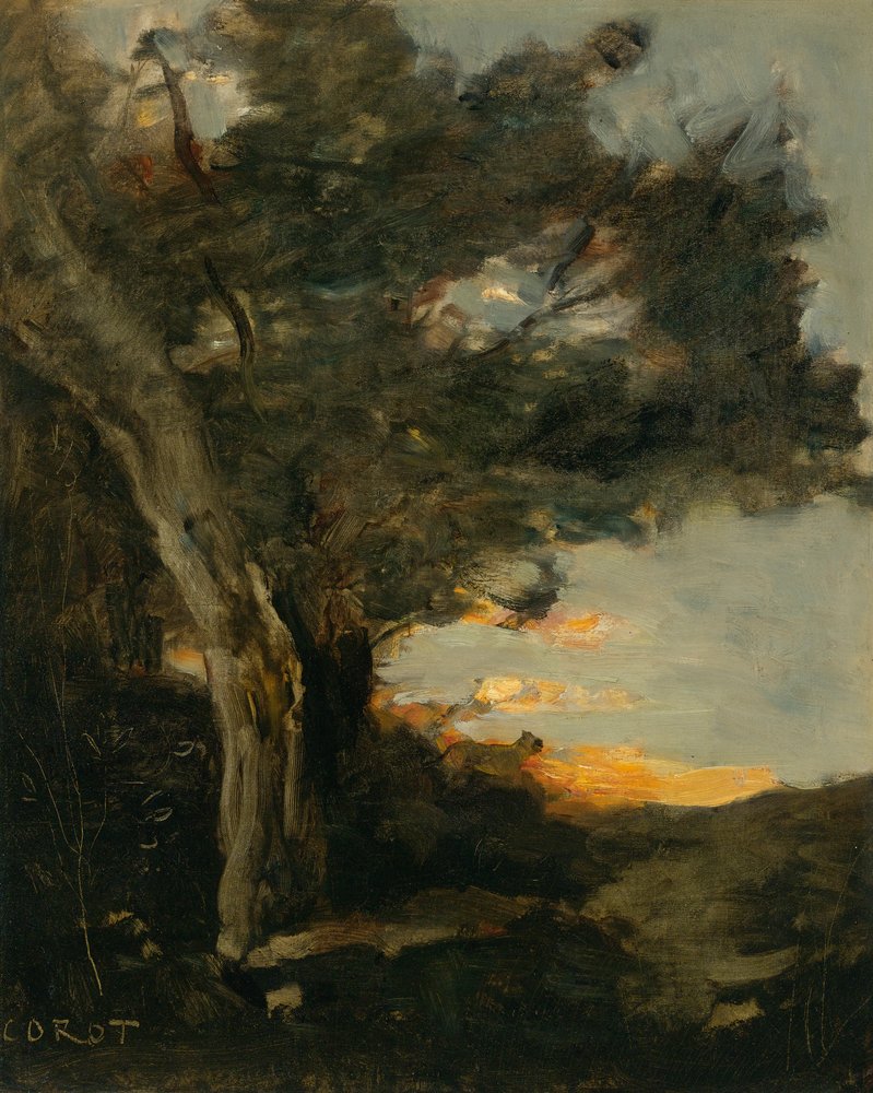 Pôr do sol com uma leoa de Jean-Baptiste-Camille Corot