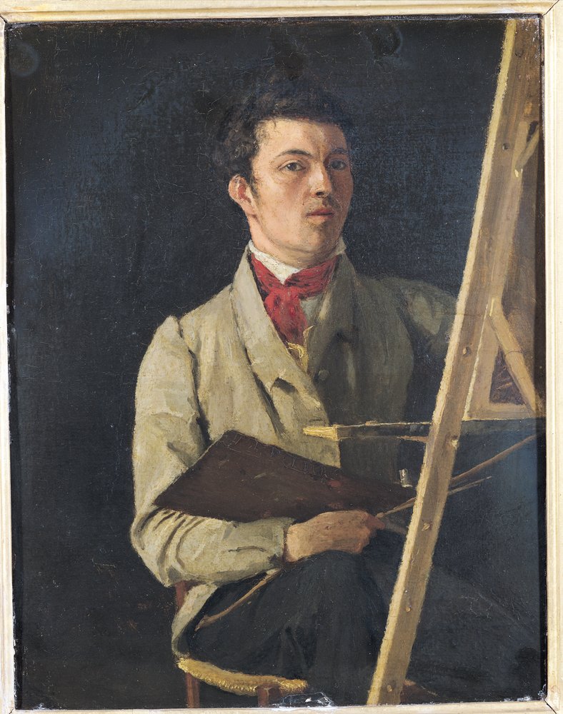 Auto-retrato, sentado ao lado de um cavalete, 1825 de Jean-Baptiste-Camille Corot