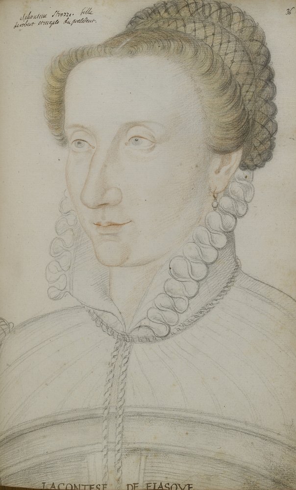 Alphonsine Strozzi (costas, giz vermelho e amarelo no papel) de Jean Clouet