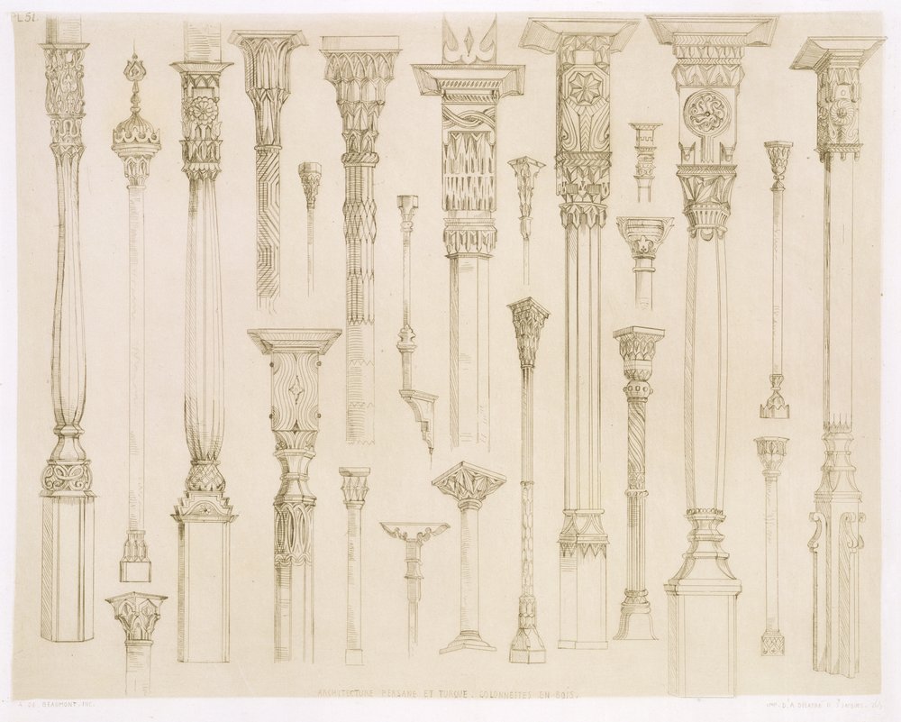 Desenhos de colunas de madeira persa e turca, de &39;Art and Industry&39;, publicado por Delatre, Paris, 1857 de Jean Francois Albanis de Beaumont