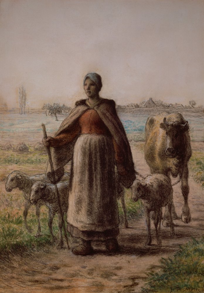 Camponesa conduzindo a sua vaca e ovelha para os campos de Jean-Francois Millet