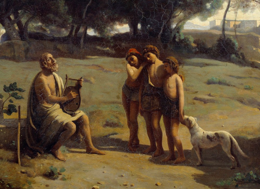 Detalhe do quadro "Homere e Pastores". O poeta grego na ilha de Pathmos e os três jovens rapazes. Pintura de Camille Corot (1796-1875) 1845 Sol. 0,8x1,3 m Saint Lo, Musee des Beaux Arts. de Jean-Baptiste-Camille Corot