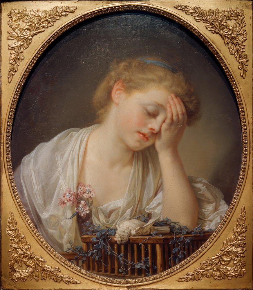 A jovem a chorar por causa do seu pássaro morto. de Jean-Baptiste Greuze