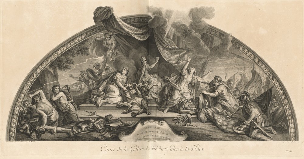 Holanda aceita a paz e se separa da Alemanha e Espanha 1678, Centro da Galeria ao lado do Salon de la Paix (Holanda aceita a paz e se separa da Alemanha e Espanha 1678, Centro da Galeria ao lado do Salão da Paz) [pl. 33 de Jean Baptiste Masse