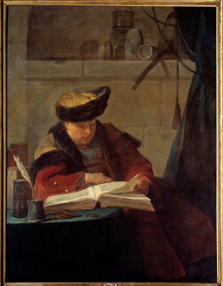 Um químico no seu laboratório ou um filósofo ocupa a sua leitura. Retrato do pintor Jacques Andre Joseph Ave, conhecido como Camelot ou Avet le Batave (1702-1766). Pintura de Jean Baptiste Simeon Chardin (1699-1779) 1734 Sol. 1,38x1,05 m de Jean-Baptiste Simeon Chardin